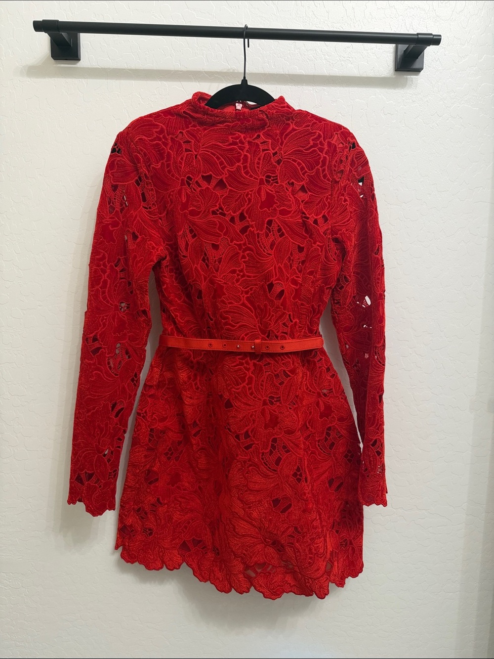 Vici Red Long-Sleeve Lace Mini Dress with Belt
